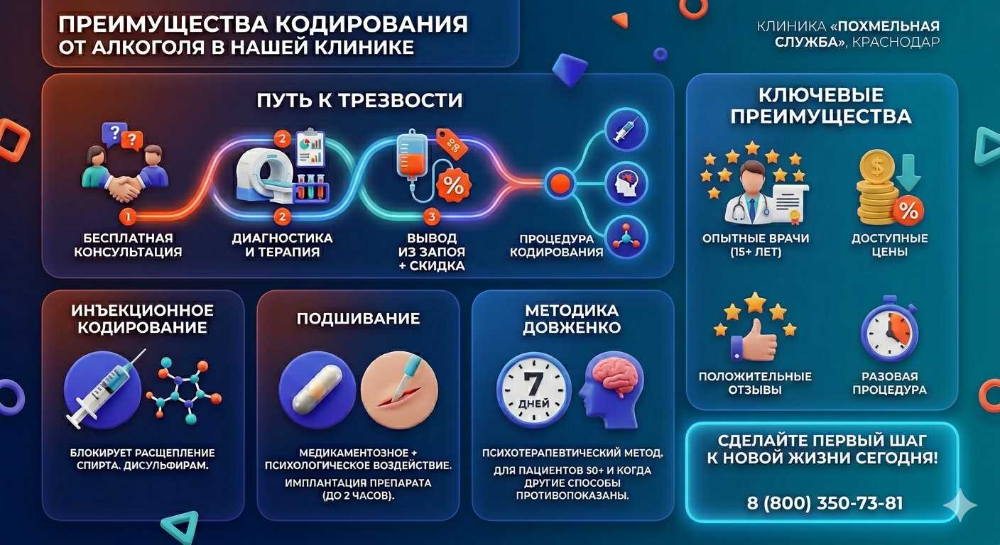 Инфографика о методах кодирования от алкоголя в Соль-Илецке: инъекции, подшивание, метод Довженко. Преимущества клиники и этапы лечения.