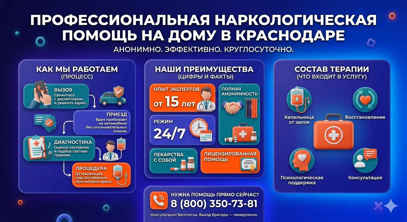 Инфографика о принципах лечения алкоголизма на дому в Соль-Илецке: этапы вызова нарколога, преимущества анонимной детоксикации и состав медицинской помощи.